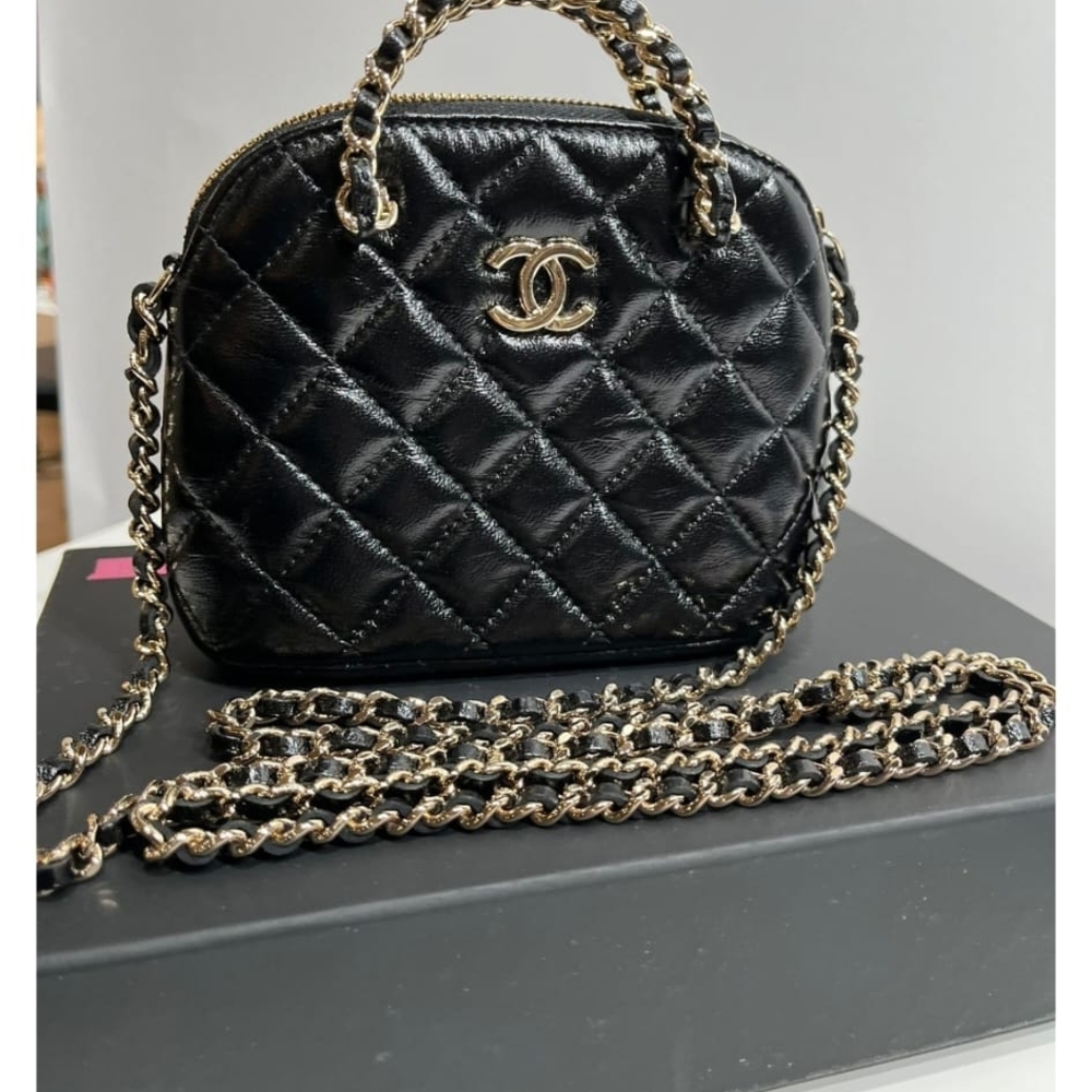 CHANEL Black Quilted Mini Vanity Bag with Gold Chain